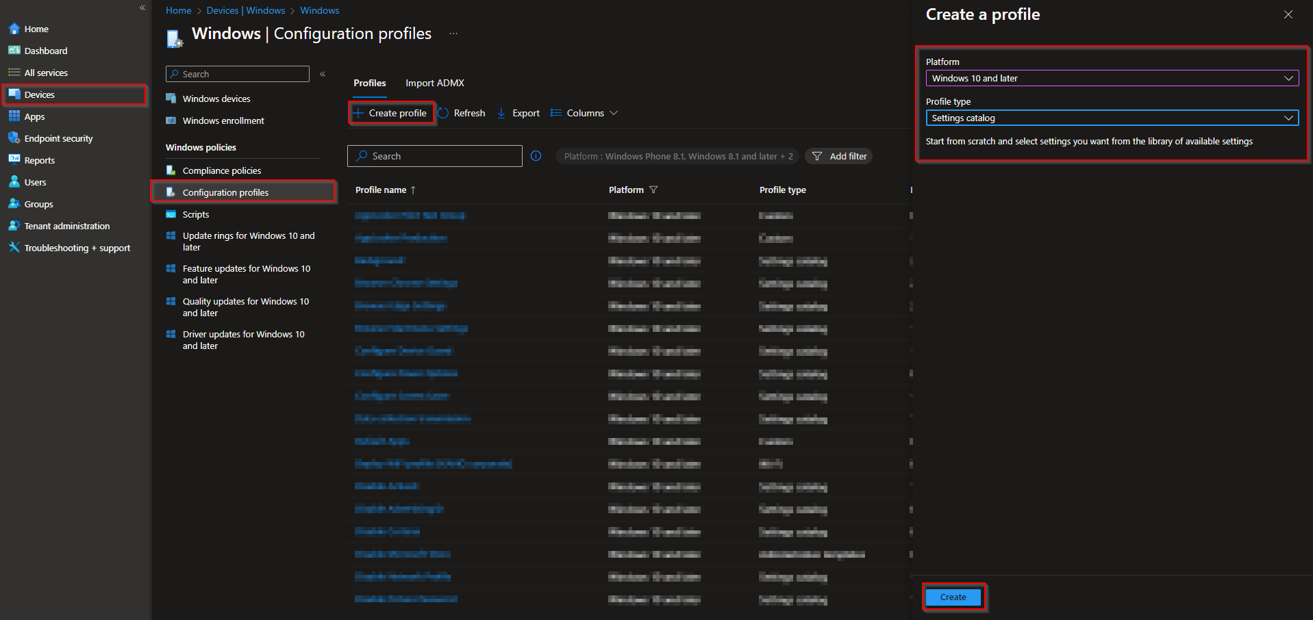 Creating a new configuration profile with Settings catalog